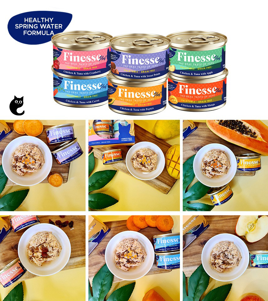 Here are a few mouth-watering, complete and nutritious flavours of Finesse Plus+ Grain-Free Wet Food that you can choose from to let your feline enjoy a delicious full meal every day